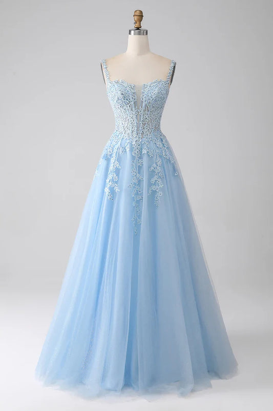 Dress A-Line Light Blue Corset Party Dress Sleeveless Maxi Dress With Appliques Prom Dress