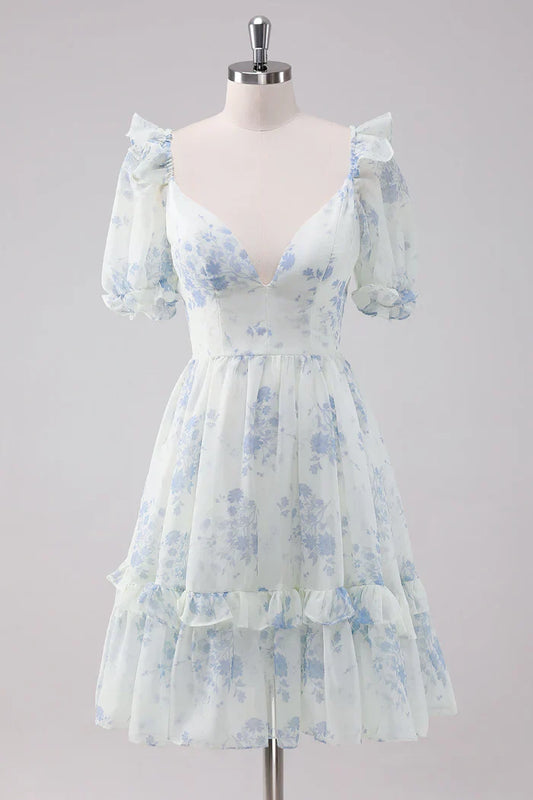 Dress A-Line Light Blue Floral Short Homecoming Dress With Short Sleeves Ruffles Party Dress