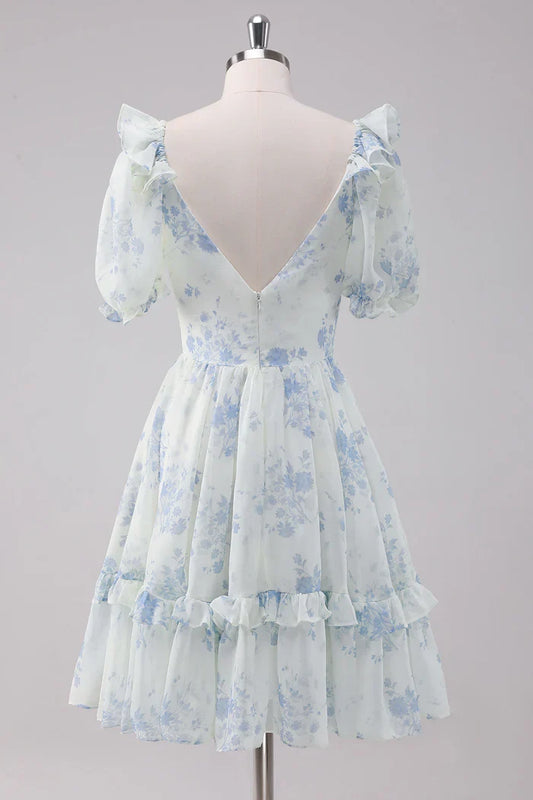 Dress A-Line Light Blue Floral Short Homecoming Dress With Short Sleeves Ruffles Party Dress