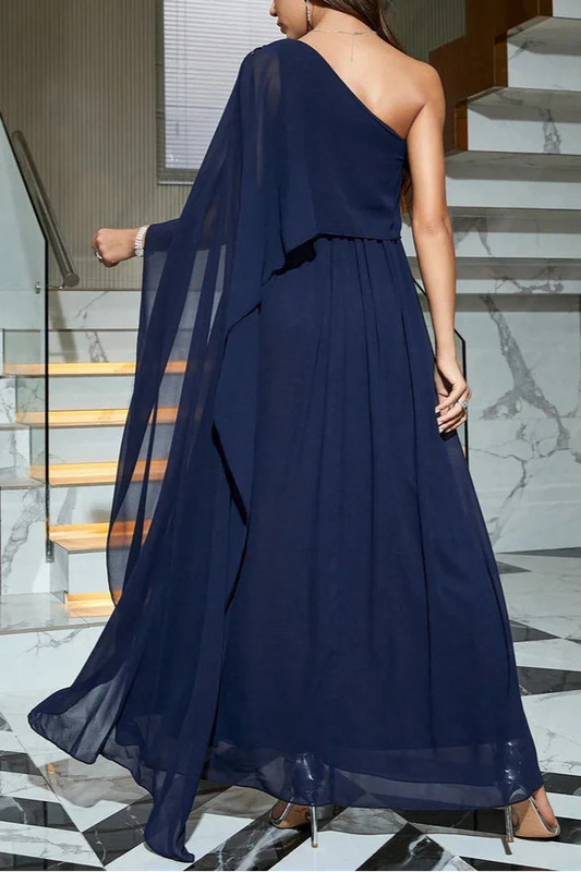 Dress A-Line Navy One Shoulder Formal Dress Party Dress Sleeveless Maxi Dress With Slit Prom Dress