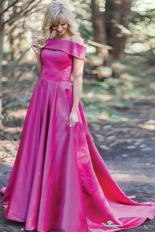 Dress A-Line Off-the-Shoulder Sweep Train Pink Satin Prom Dress with Pockets