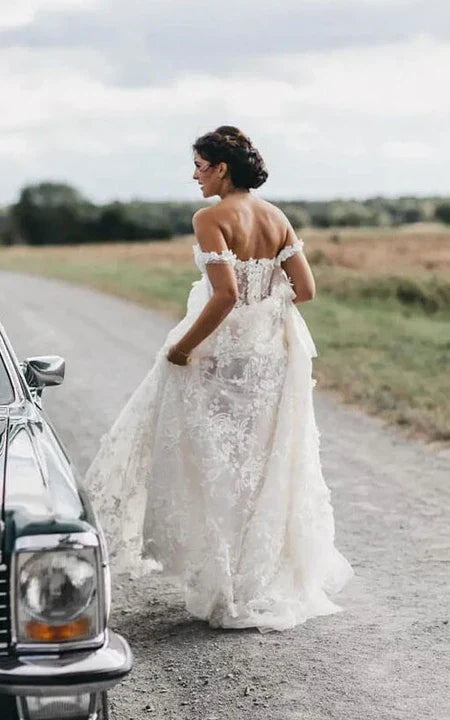 Dress A-Line Off-the-shoulder Lace Empire Pleated Corset Back Wedding Dress