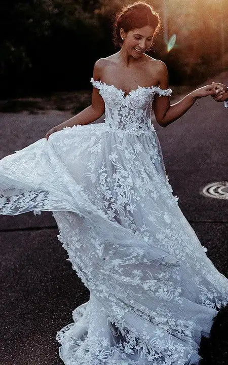 Dress A-Line Off-the-shoulder Lace Empire Pleated Corset Back Wedding Dress