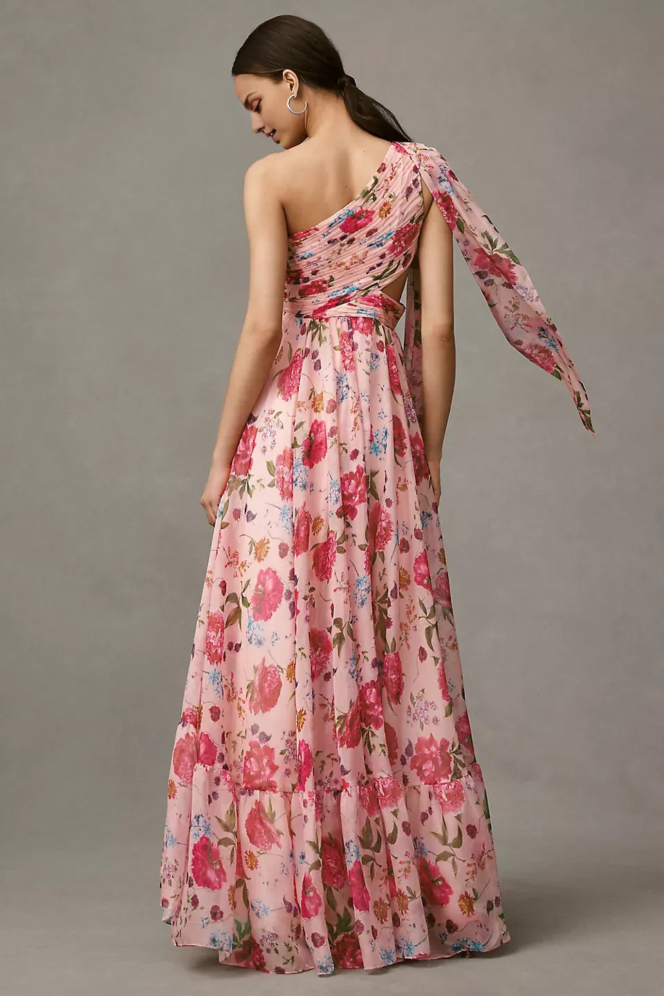 Dress A-Line One-Shoulder Cutout Romantic Floral Maxi Dress Sleeveless Hight Slit Prom Dress
