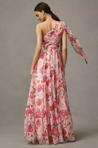 Dress A-Line One-Shoulder Cutout Romantic Floral Maxi Dress Sleeveless Hight Slit Prom Dress