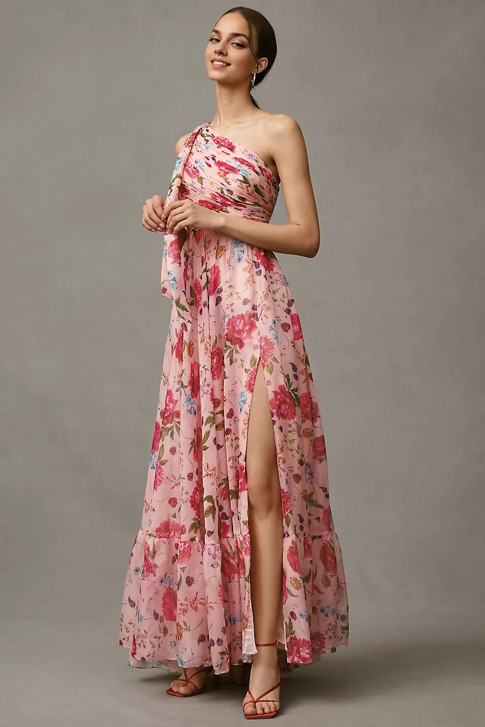 Dress A-Line One-Shoulder Cutout Romantic Floral Maxi Dress Sleeveless Hight Slit Prom Dress