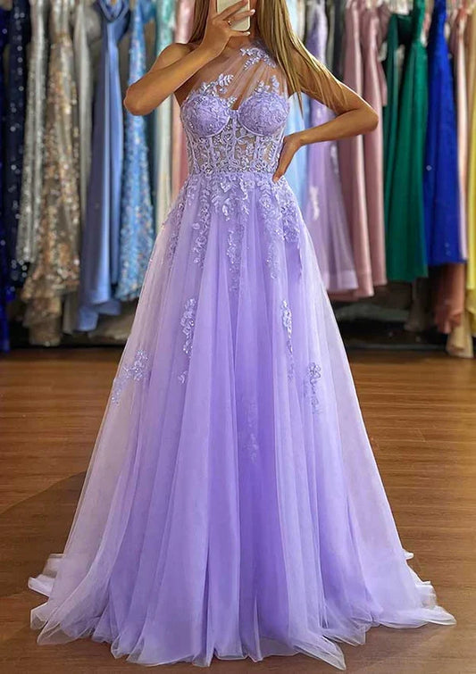 Dress A-Line One-Shoulder Party Dress/Evening Dress With Appliques And Sweep Train Tulle Prom Dress