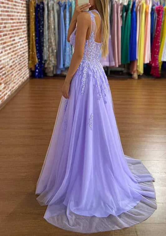 Dress A-Line One-Shoulder Party Dress/Evening Dress With Appliques And Sweep Train Tulle Prom Dress