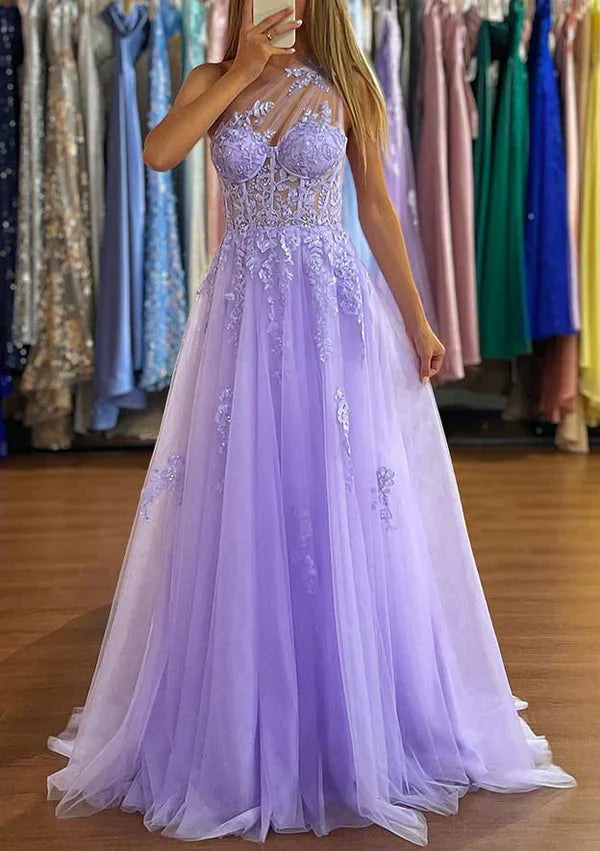 Dress A-Line One-Shoulder Party Dress/Evening Dress With Appliques And Sweep Train Tulle Prom Dress