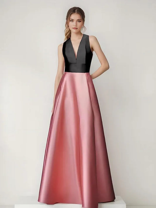 Dress A-Line Pink And Black Elegant Dress Color Block Hollow Out Back Semi Formal Wedding Floor Length Sleeveless V Neck Satin Evening Dress