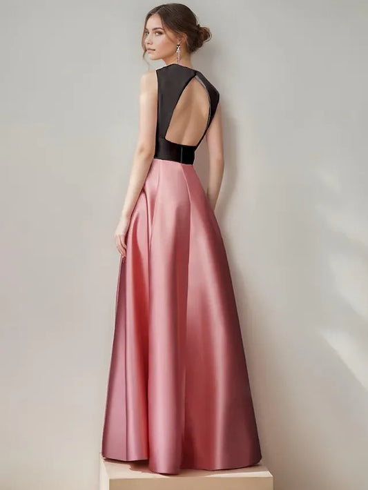 Dress A-Line Pink And Black Elegant Dress Color Block Hollow Out Back Semi Formal Wedding Floor Length Sleeveless V Neck Satin Evening Dress