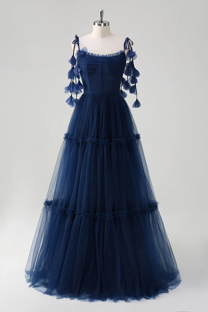Dress A-Line Princess Navy Tie-Strap Tulle Corset Maxi Dress Prom Dress Floor-Length Evening Dress