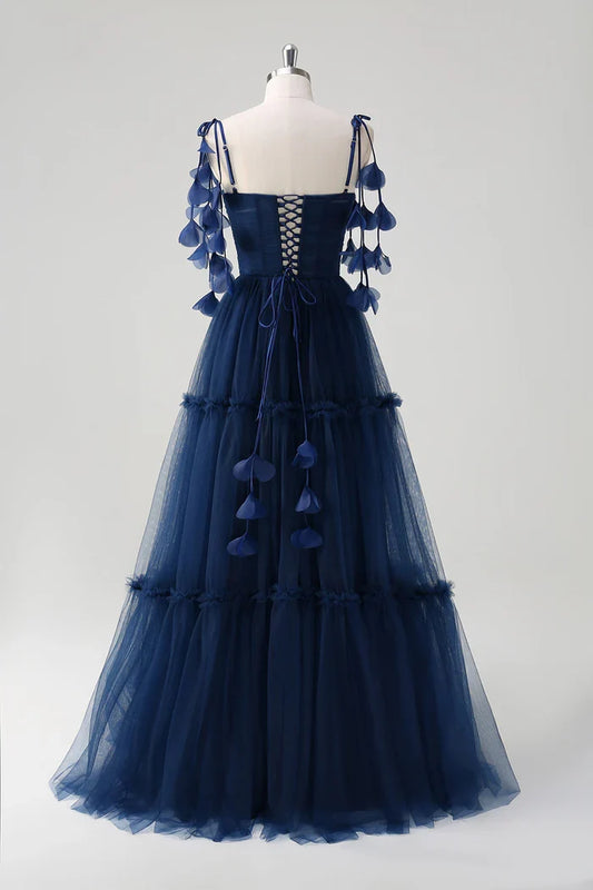Dress A-Line Princess Navy Tie-Strap Tulle Corset Maxi Dress Prom Dress Floor-Length Evening Dress