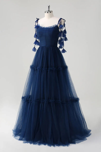 Dress A-Line Princess Navy Tie-Strap Tulle Corset Maxi Dress Prom Dress Floor-Length Evening Dress