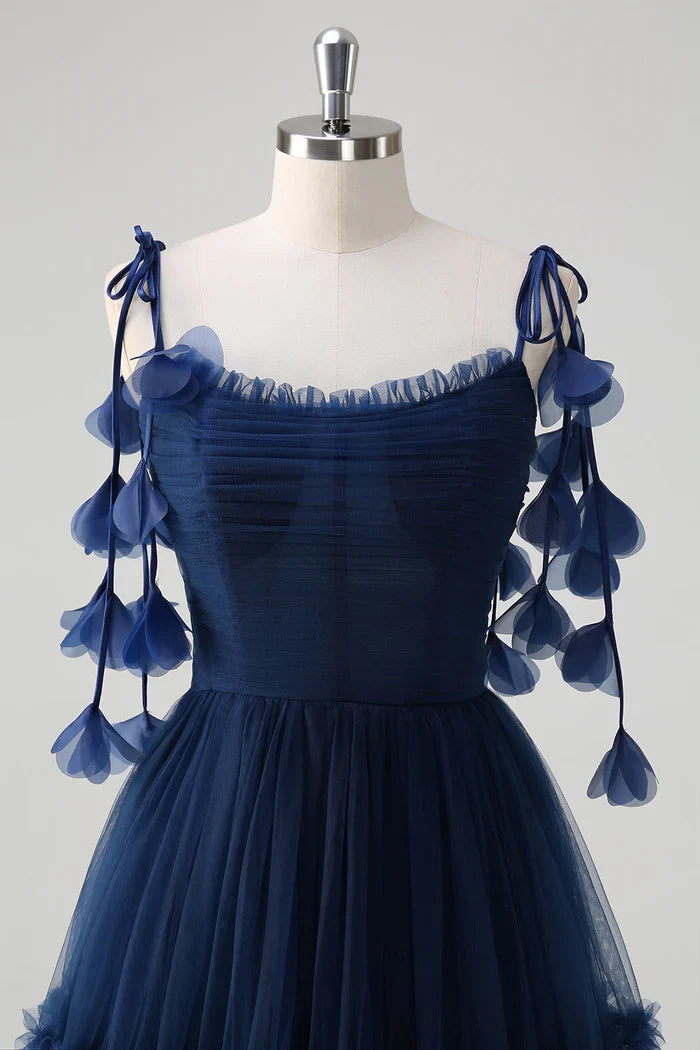 Dress A-Line Princess Navy Tie-Strap Tulle Corset Maxi Dress Prom Dress Floor-Length Evening Dress