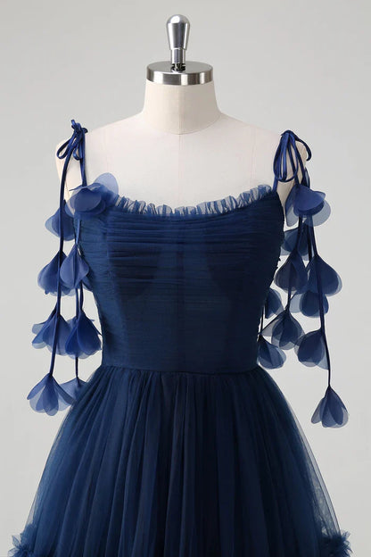 Dress A-Line Princess Navy Tie-Strap Tulle Corset Maxi Dress Prom Dress Floor-Length Evening Dress