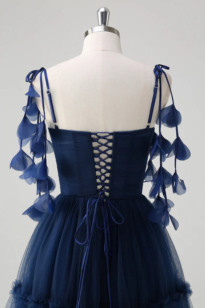 Dress A-Line Princess Navy Tie-Strap Tulle Corset Maxi Dress Prom Dress Floor-Length Evening Dress