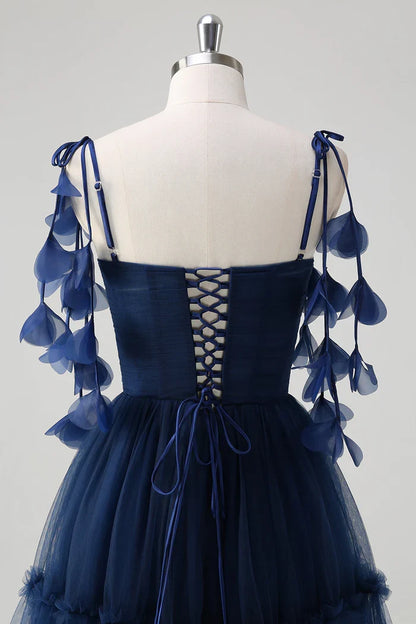 Dress A-Line Princess Navy Tie-Strap Tulle Corset Maxi Dress Prom Dress Floor-Length Evening Dress