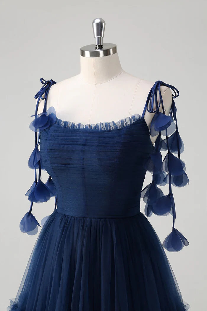 Dress A-Line Princess Navy Tie-Strap Tulle Corset Maxi Dress Prom Dress Floor-Length Evening Dress