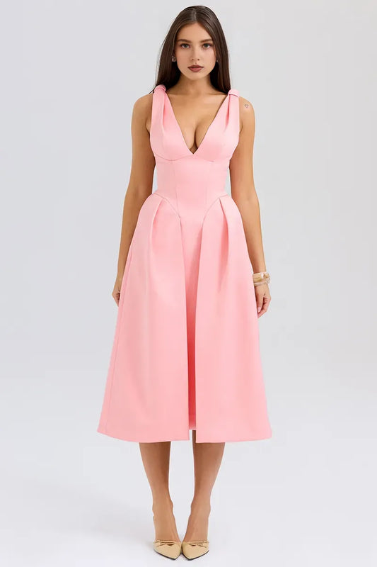 Dress A-Line/Princess Simple Deep V Neck Cinch Waist Satin Midi Prom Dresses Pink