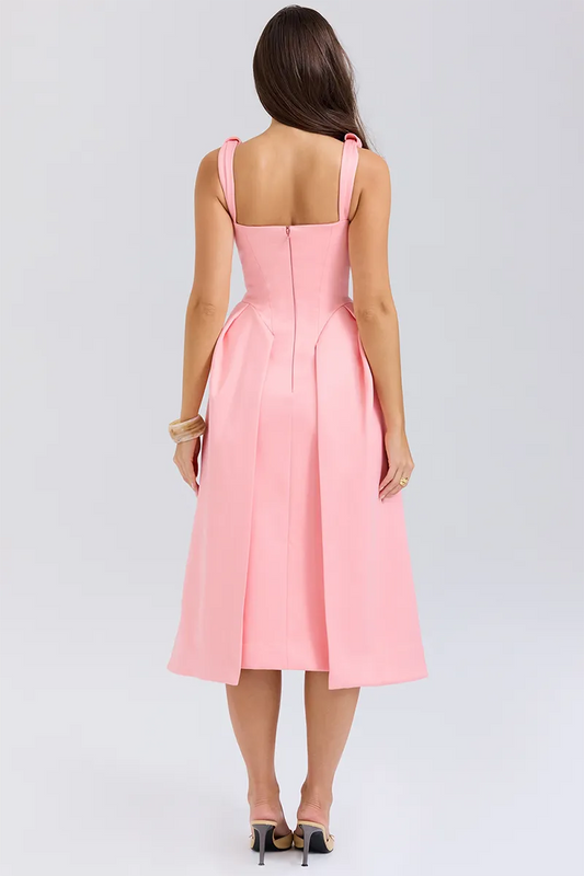 Dress A-Line/Princess Simple Deep V Neck Cinch Waist Satin Midi Prom Dresses Pink