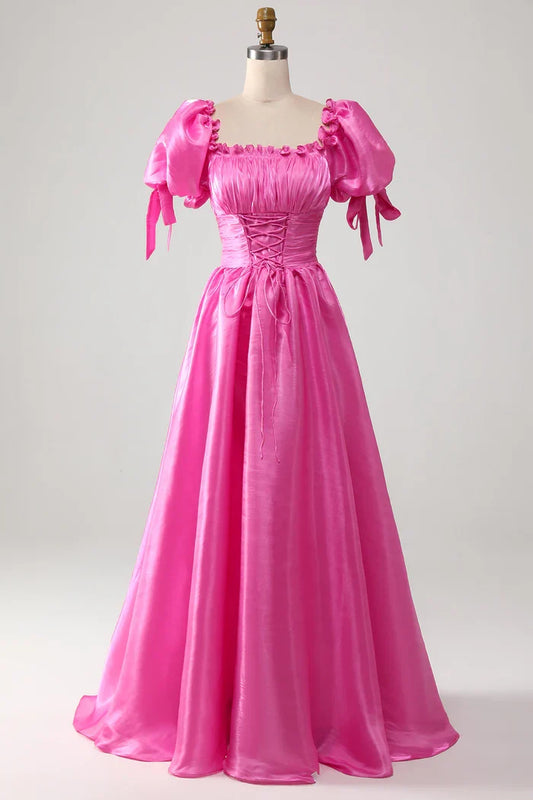 Dress A-Line Puff Sleeves Hot Pink Pleated Party Dress With Ruffles Prom Dress