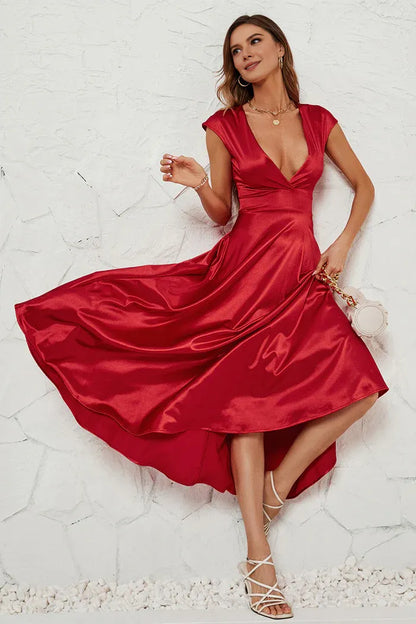 Dress A-Line Red Deep V-neck Cap Sleeves Party Dress Tea-Lengt Prom Dress