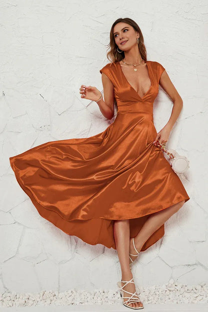Dress A-Line Red Deep V-neck Cap Sleeves Party Dress Tea-Lengt Prom Dress