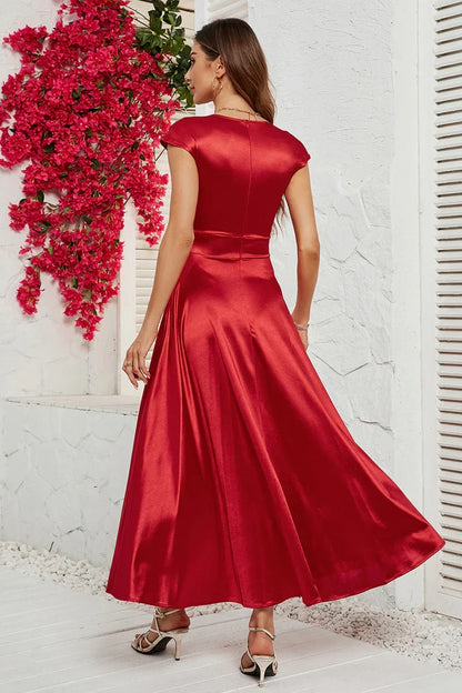 Dress A-Line Red Deep V-neck Cap Sleeves Party Dress Tea-Lengt Prom Dress