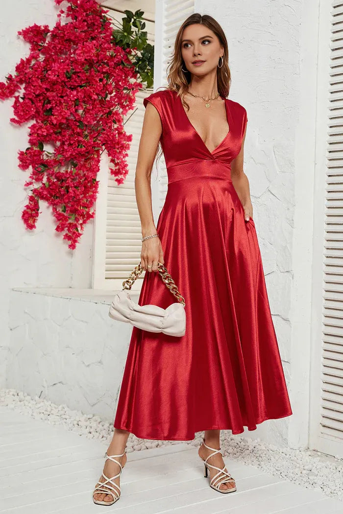 Dress A-Line Red Deep V-neck Cap Sleeves Party Dress Tea-Lengt Prom Dress