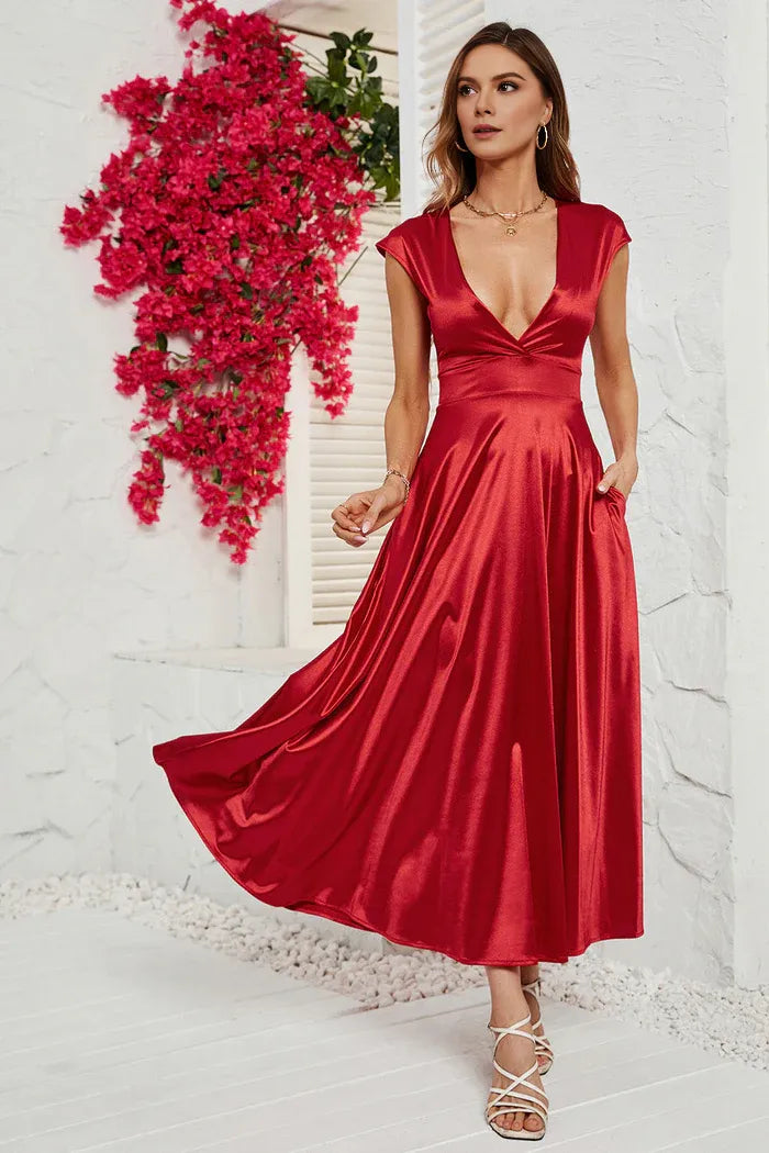 Dress A-Line Red Deep V-neck Cap Sleeves Party Dress Tea-Lengt Prom Dress