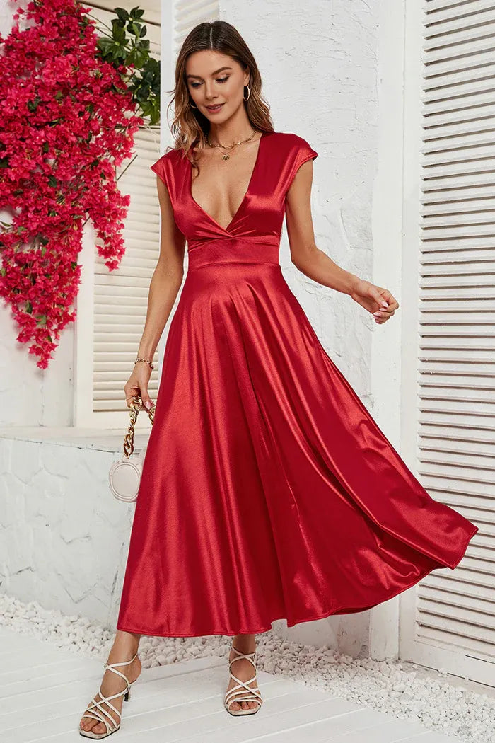 Dress A-Line Red Deep V-neck Cap Sleeves Party Dress Tea-Lengt Prom Dress