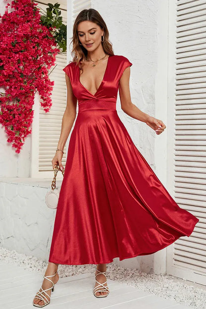 Dress A-Line Red Deep V-neck Cap Sleeves Party Dress Tea-Lengt Prom Dress