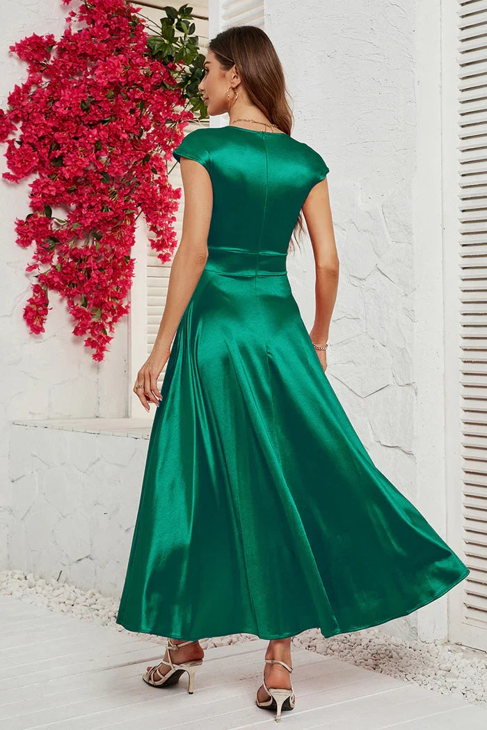 Dress A-Line Red Deep V-neck Cap Sleeves Party Dress Tea-Lengt Prom Dress