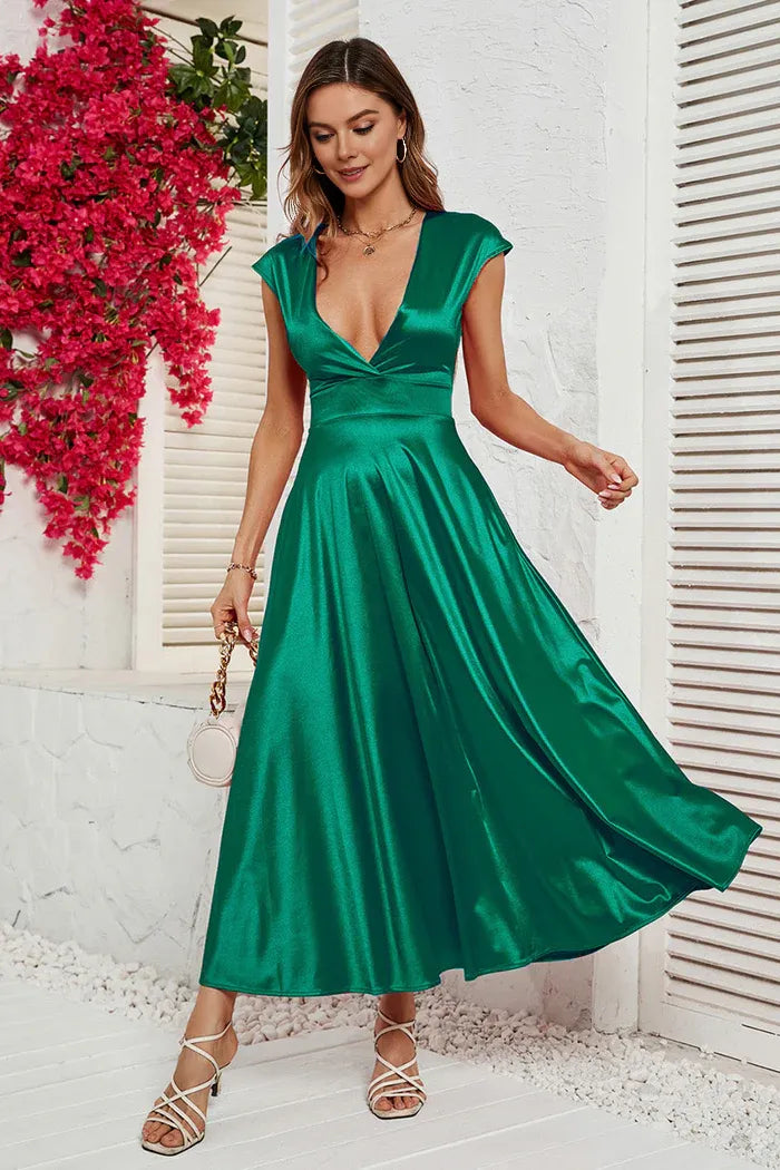 Dress A-Line Red Deep V-neck Cap Sleeves Party Dress Tea-Lengt Prom Dress