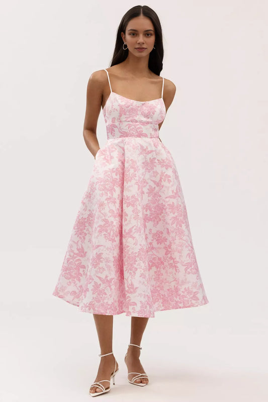 Dress A-Line Satin Midi Dress Spaghetti Straps Pink Floral Maxi Dress Prom Dress