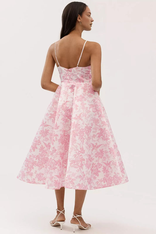 Dress A-Line Satin Midi Dress Spaghetti Straps Pink Floral Maxi Dress Prom Dress