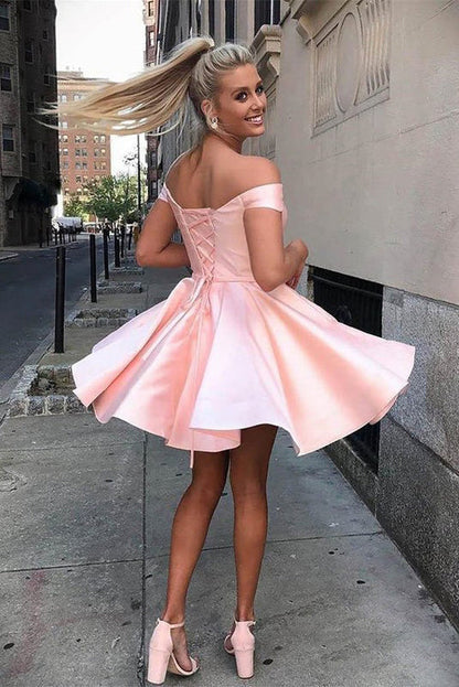 Dress A-Line Satin Off-the-Shoulder Elegant Homecoming Dress Sleeveless Lace-up Back Party Dress