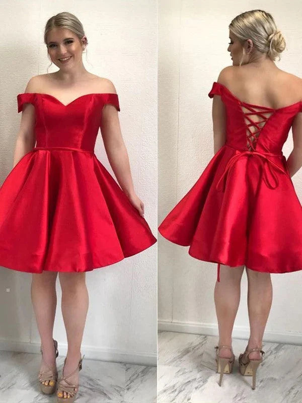 Dress A-Line Satin Off-the-Shoulder Elegant Homecoming Dress Sleeveless Lace-up Back Party Dress