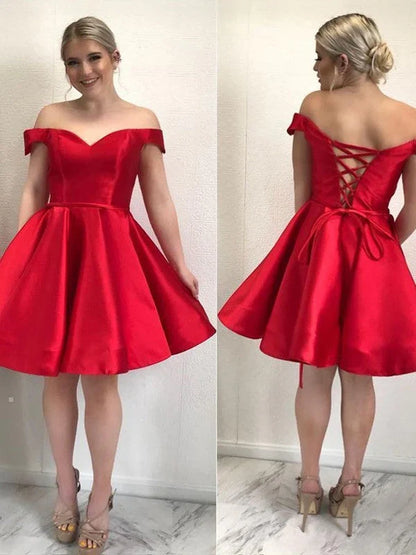 Dress A-Line Satin Off-the-Shoulder Elegant Homecoming Dress Sleeveless Lace-up Back Party Dress