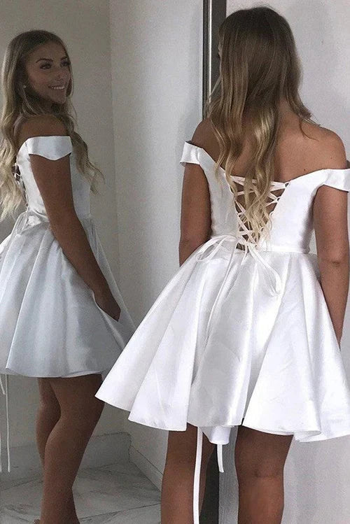 Dress A-Line Satin Off-the-Shoulder Elegant Homecoming Dress Sleeveless Lace-up Back Party Dress
