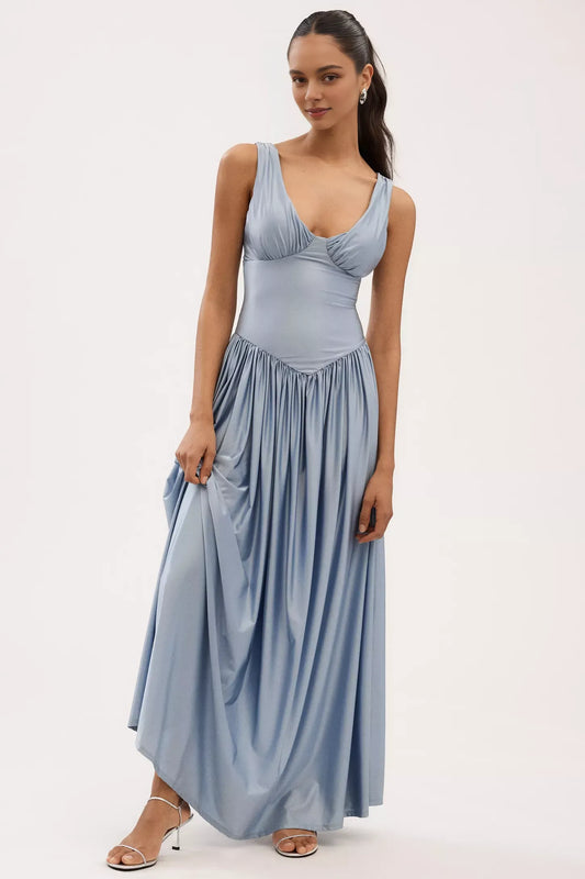 Dress A-Line Satin Sleeveless Basque-Waist Maxi Dress Prom Dress Pleated