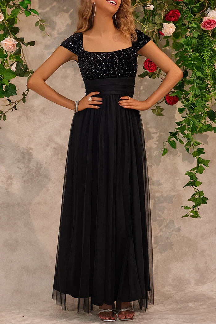 Dress A-Line Sexy Prom Sequins Slit Mesh Square Neck Evening Dresses Prom Dress
