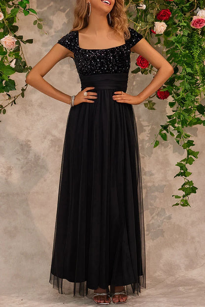 Dress A-Line Sexy Prom Sequins Slit Mesh Square Neck Evening Dresses Prom Dress