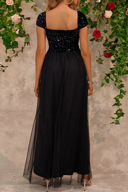 Dress A-Line Sexy Prom Sequins Slit Mesh Square Neck Evening Dresses Prom Dress