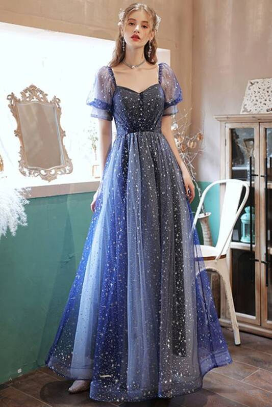 Dress A-Line Short Sleeves V Neck Navy Blue Long Prom Dress