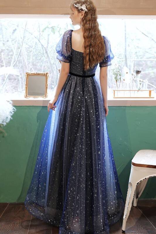 Dress A-Line Short Sleeves V Neck Navy Blue Long Prom Dress