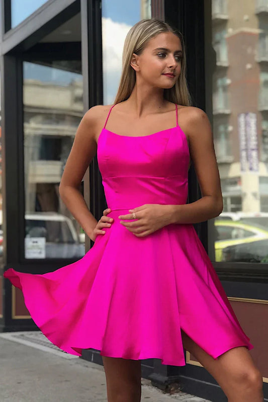 Dress A-Line Spaghetti Strap Satin Homecoming Dress Sleeveless Lace-Up Party Dress