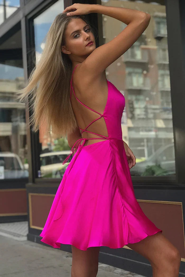 Dress A-Line Spaghetti Strap Satin Homecoming Dress Sleeveless Lace-Up Party Dress