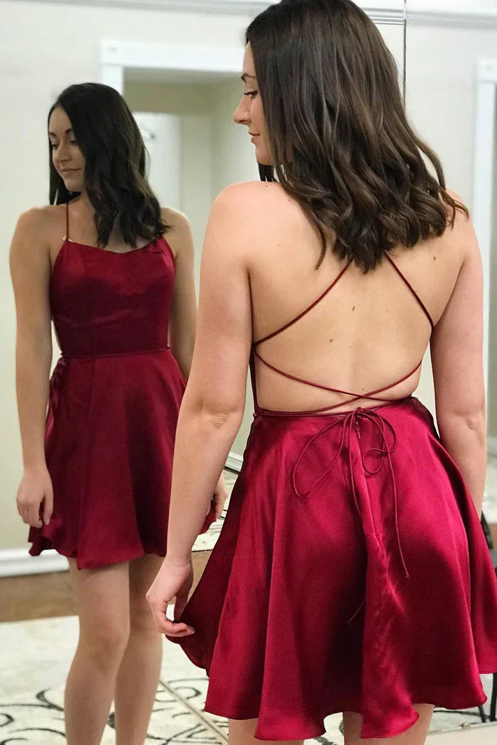 Dress A-Line Spaghetti Strap Satin Homecoming Dress Sleeveless Lace-Up Party Dress